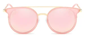 Stylish pink round sunglasses with gold accents, featuring reflective lenses for a trendy look, ideal for summer fashion.