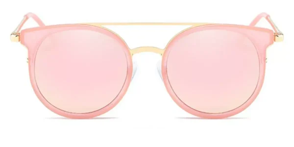 Stylish pink round sunglasses with gold accents, featuring reflective lenses for a trendy look, ideal for summer fashion.