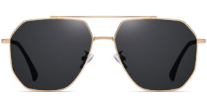 Stylish gold frame hexagonal sunglasses with dark lenses, perfect for sunny days and fashion-forward looks.