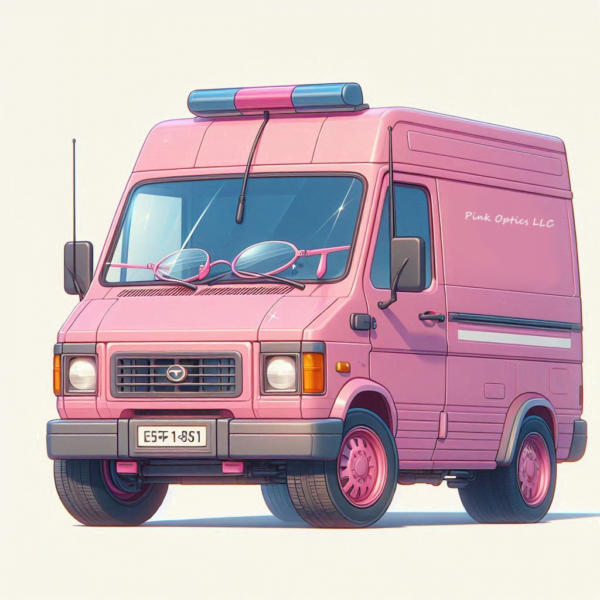 A pink delivery van featuring oversized glasses on the front, branded with Pink Optics LLC, showcasing a unique and playful design.