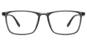 Gray frame eyeglasses with a modern design, featuring rectangular lenses and sleek arms, suitable for various face shapes.